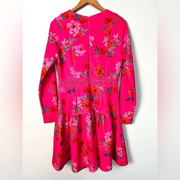 Alexia Admor Alexa Long Sleeve Lace Trim Mini Dress Hot Pink‎ Floral Size 8 - Picture 7 of 11